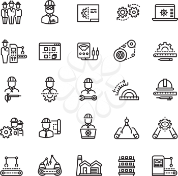 Vector industry engineering mechanical thin line icons. Conveyor machine and process production illustration