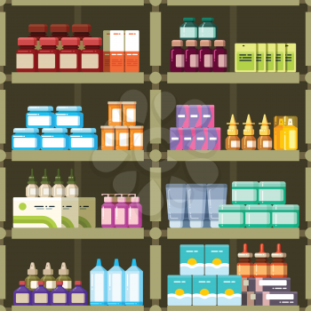 Pharmacy shelves with pills and drugs medicine boxes vector seamless pattern. Background apothecary, capsule in pack for health illustration
