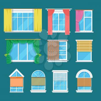 Flat vector window with curtains, drapery and shades blinds. Modern decor and interior for room illustration