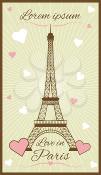 Vector greeting card with eiffel tower. Famous architecture statue illustration
