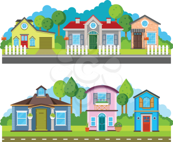 Residential village houses flat vector illustration, urban landscape. Street with building facade and green trees