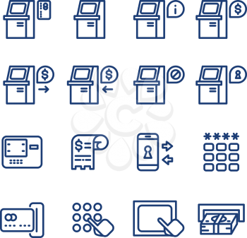 Atm terminal vector thin line icons set. Money and banking service, finance payment transaction illustration