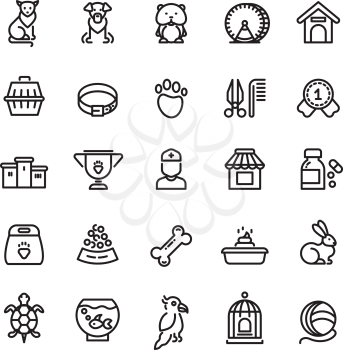 Pet shop, animals thin line vector icons, outline vet symbols. Fish and cat, parrot and hamster illustration