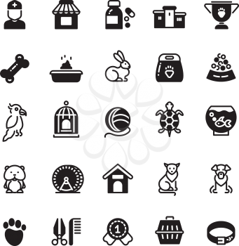 Pets black icons. Fish and dog, cat and hamster, rabbit and turtle, Vector illustration