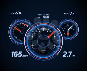 Racing car computer and app smartphone game dashboard with speedometer and gps. Vector illustration