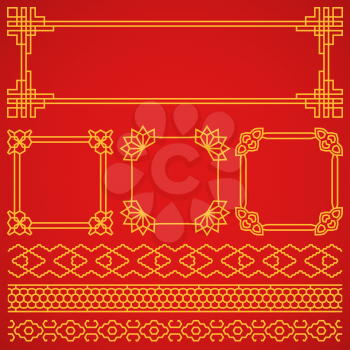 Vector asian, korean, chinese, japanese retro frames, borders set. Decoration pattern oriental and traditional illustration