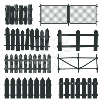 Rural wooden fences, pickets vector silhouettes. Illustration of paling straight for protection and security