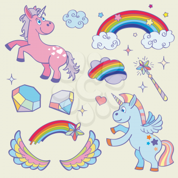 Cute magic unicorn, rainbow, fairy wings, magic wand, stars and crystals vector set. Pink pony and clouds illustration