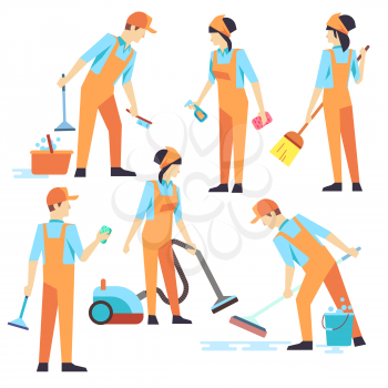 Cleaning staff in different positions. Vector illustration. Cleaning service, people vacuuming and washing