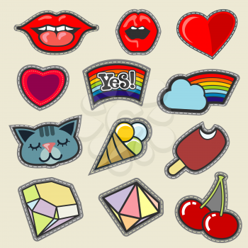 Colorful vector embroidery patches set. Sticker and badge ice cream, cat and diamond illustration