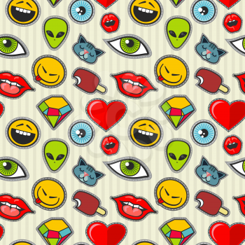 Vector cartoon patch seamless pattern. Ice cream and smiley, alien and diamond illustration