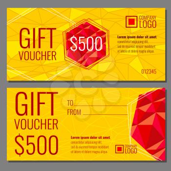 Vector gift voucher template with modern colorful polygonal pattern. Present certificate with money illustration