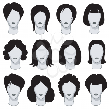 Woman hairstyle black vector hair silhouettes. Wig on head of mannequin illustration