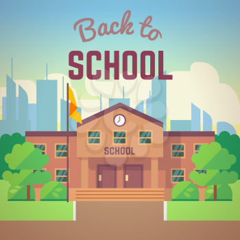 Back to school poster with school building, vector illustration in flat cartoon style
