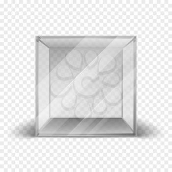 Empty clean glass box cube showcase isolated on checkered background. Mock up clean frame for gallery. Vector illustration