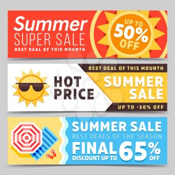 Super sale summer banners vector set with beach background umbrella, waves and sun