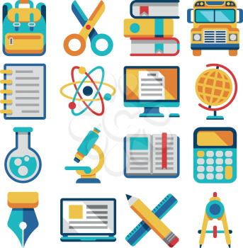 School and education flat vector icons set isolated on white