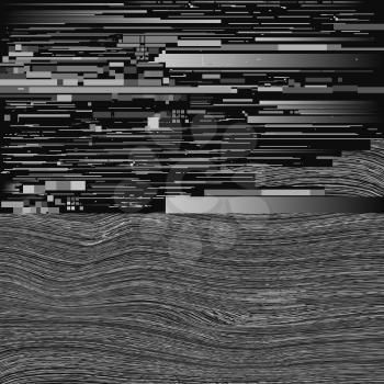 Black and white tv monitor glitch distorted texture vhs noise vector background. Tv signal noise and error problem backdrop to monitor illustration