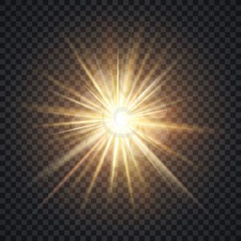 Vector realistic starburst lighting effect, yellow sun with rays and glow on transparent background. Bright star illuminated illustration