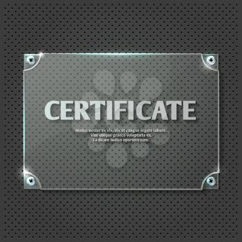 Certificate design on glass plate vector mockup. Transparent template panel illustration