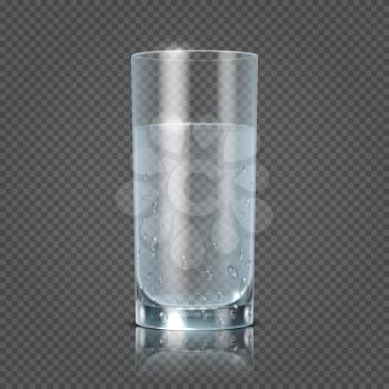 Glass of water isolated on transparent checkered background vector illustration. Cup with clear fresh aqua