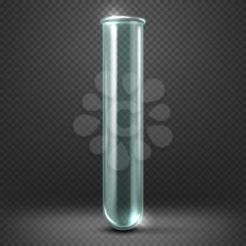 Realistic vector empty glass test tube template isolated on transparent checkered background. Laboratory equipment flask illustration