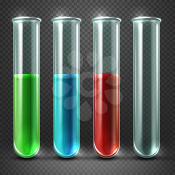 Vector test tubes filled with liquids of different colors and blood. Glass containers for research illustration