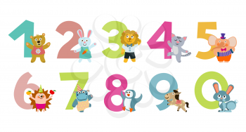 Kids numbers with cartoon animals for education. Vector illustration