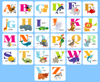 Kids full alphabeth with cartoon animals for education and learning. Vector illustration