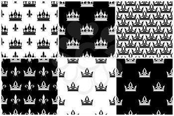 Vector crowns seamless patterns set in black and white. Collection of monochrome background illustration
