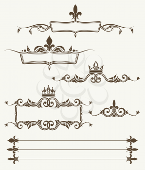 Royal crowns and fleur de lys ornate frames. Elements for decoration design. Vector illustration