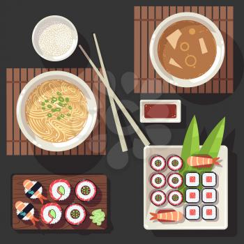 Japanese cuisine vector illustration set. Traditional food in japan restaurant