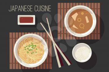 Japanese cuisine vector illustration set. Plate of food in restaurant