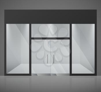 Empty fashion store, shop with big glass window and entrance vector illustration. Fashion empty store, exterior window front store
