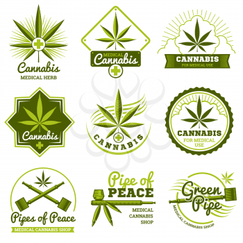 Hashish, rastaman, hemp, cannabis vector logos and labels set. Medicine marijuana and label shop marijuana organic illustration