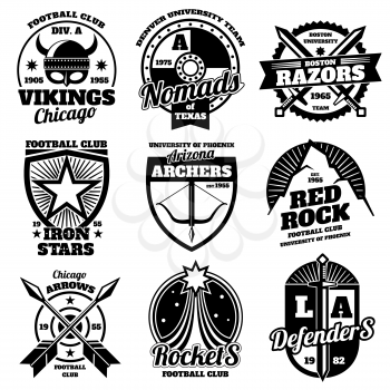 School emblems, college athletic teams sports labels, t-shirt graphics vector collection. School team football, illustration of badge t-shirt football club