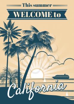 California republic vector poster with palm trees, sport t shirt surfing graphics. California summer beach with tropical palm, illustration of banner paradise coast california