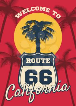California beach seashore theme vector dream background, postcard design. Silhouette of tree palm in california, illustration of sign route 66 to travel california