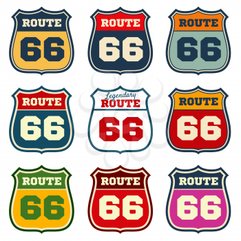 Route 66, vintage us highway vector emblems. Highway sign for transport, route sign and emblem for travel illustration