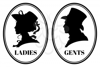 Vintage toilet wc vector sign with lady and gentleman head in victorian hats and clothes. Signs for toilet, illustration of silhouette gentleman and lady head for emblem toilet