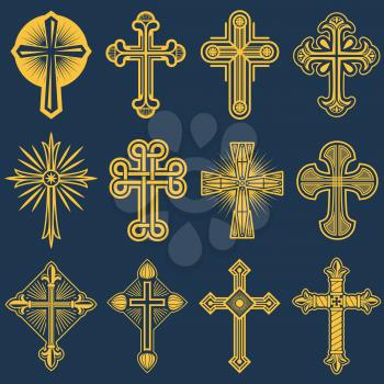 Gothic catholic cross vector icons, catholicism symbol. Christianity symbol religion, set of christianity crosses illustration