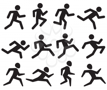 Man running figure black pictograms, jogging activity vector icons isolated on white. Sprinter man, illustration silhouette man run