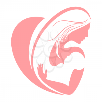 Mum and happy child silhouettes, mothers day vector concept. Mother and child concept, happy love mother with baby illustration
