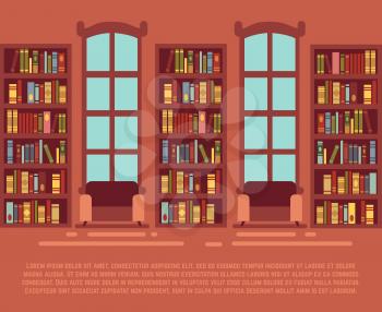 Modern library empty interior with bookcase, bibliotheca with bookselves vector illustration. Interior of library with wooden bookshelf set with books