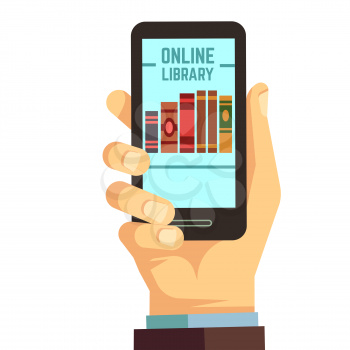 Hand holding smartphone with books, e-reading, online library vector education concept. Library online on phone, illustration of web mobile app library