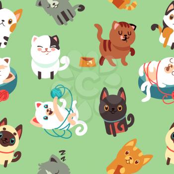 Cartoon cats, kitten vector seamless background. Pattern with cute cat, illustration of character cats