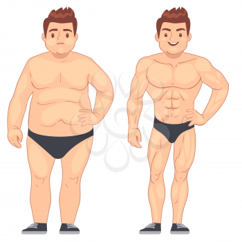 Cartoon muscular and fat man, guy before and after sports. weight loss and diet vector lifestyle concept. Body male muscle and overweight body illustration