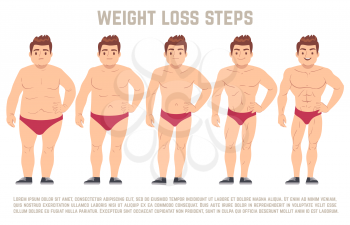 Male before and after diet, man body from fat to thin. weight loss steps vector illustration. Body male health and slim, adult man with fat body
