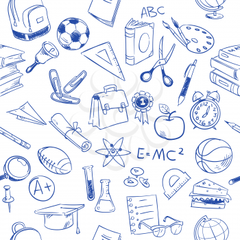Back to school, education vector doodles, pencil drawing seamless pattern. Education pattern with book sketch, illustration of drawing seamless education background