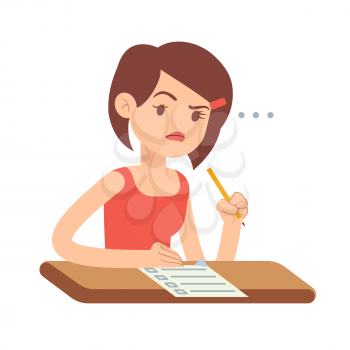 Crazy worried young woman student in panic on exam vector illustration. Student on exam test, worried and stressed girl on exam in school